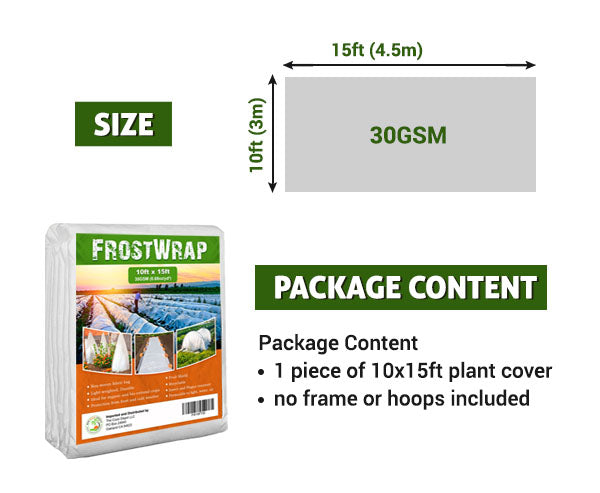 FrostWrap, Freeze and Crop Protection Plant Cover – 0.88 oz/yd2 (30 GSM) of Fabric Non-woven 10ft x 15ft Reusable Garden Floating Row Cover