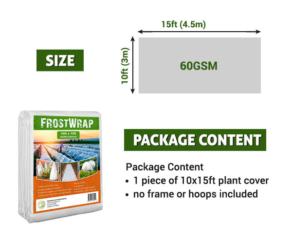 FrostWrap, Freeze and Crop Protection Plant Cover – 1.77 oz/yd2 (60 GSM) of Fabric Non-woven 10ft x 15ft Reusable Garden Floating Row Cover