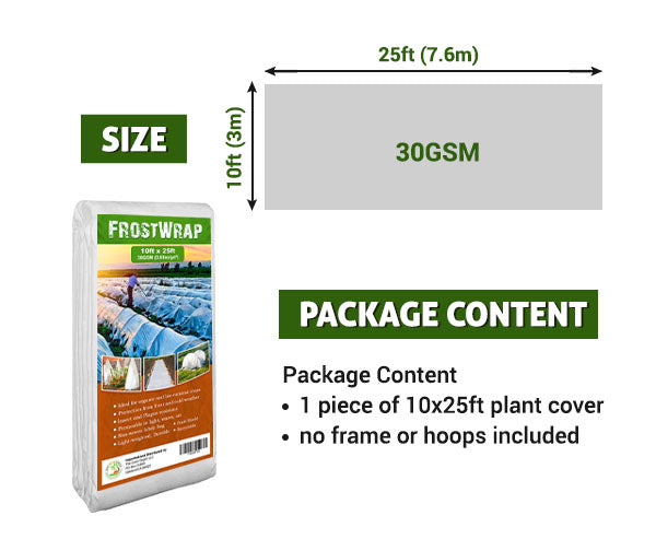 FrostWrap, Freeze and Crop Protection Plant Cover – 0.88 oz/yd2 (30 GSM) of Fabric Non-woven 10ft x 25ft Reusable Garden Floating Row Cover