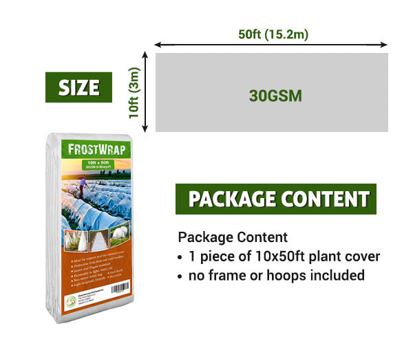 FrostWrap, Freeze and Crop Protection Plant Cover – 0.88 oz/yd2 (30 GSM) of Fabric Non-woven 10ft x 50ft Reusable Garden Floating Row Cover
