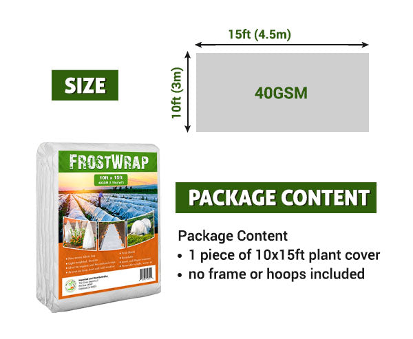 FrostWrap, Freeze and Crop Protection Plant Cover – 1.18 oz/yd2 (40 GSM) of Fabric Non-woven 10ft x 15ft Reusable Garden Floating Row Cover