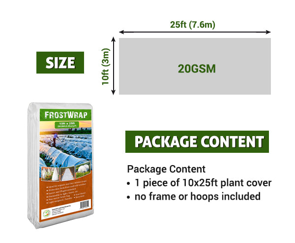 FrostWrap, Freeze and Crop Protection Plant Cover – 0.59 oz/yd2 (20 GSM) of Fabric Non-woven 10ft x 25ft Reusable Garden Floating Row Cover
