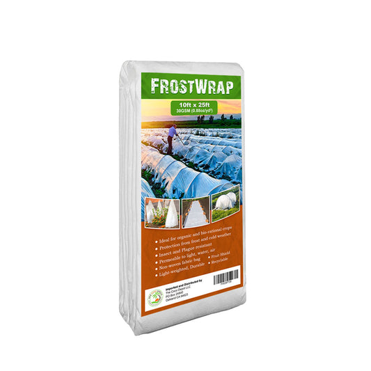 FrostWrap, Freeze and Crop Protection Plant Cover – 0.88 oz/yd2 (30 GSM) of Fabric Non-woven 10ft x 25ft Reusable Garden Floating Row Cover