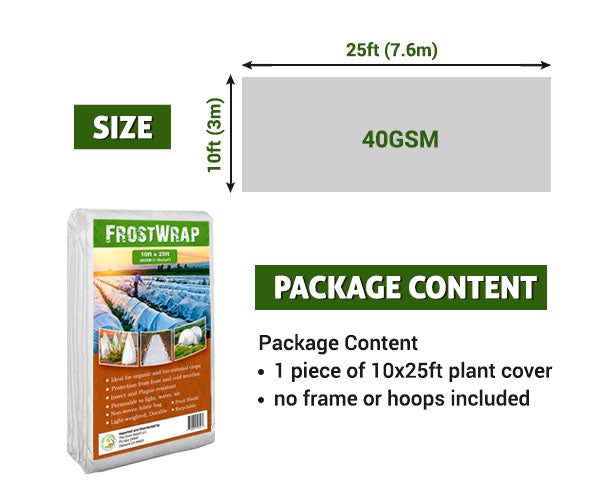 FrostWrap, Freeze and Crop Protection Plant Cover – 1.18 oz/yd2 (40 GSM) of Fabric Non-woven 10ft x 25ft Reusable Garden Floating Row Cover