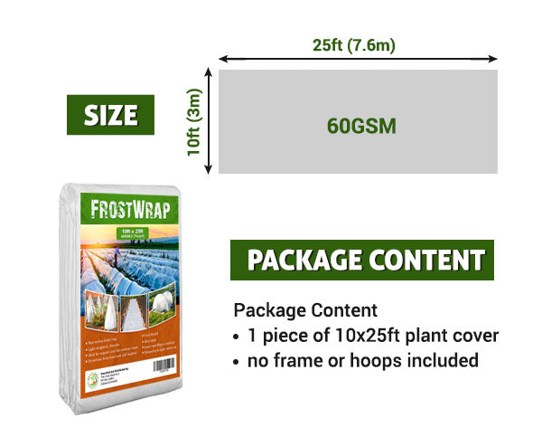 FrostWrap, Freeze and Crop Protection Plant Cover – 1.77 oz/yd2 (60 GSM) of Fabric Non-woven 10ft x 25ft Reusable Garden Floating Row Cover