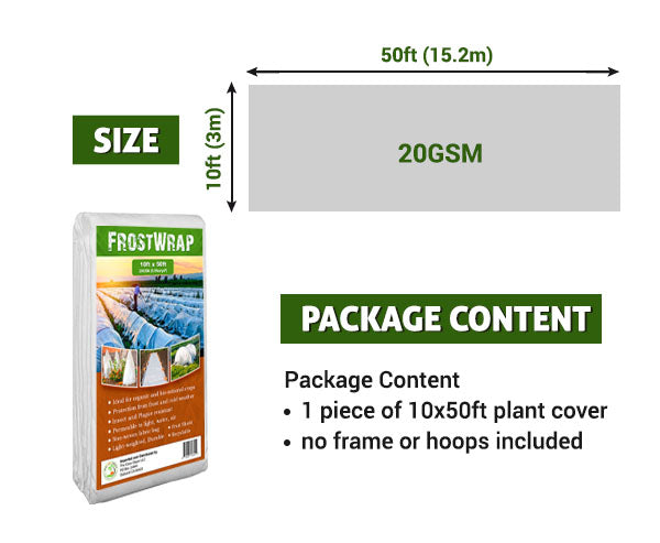 FrostWrap, Freeze Protection Plant Cover – 0.59 oz/yd2 (20 GSM) of Fabric Non-woven 10ft x 50ft Reusable Garden Floating Row Cover