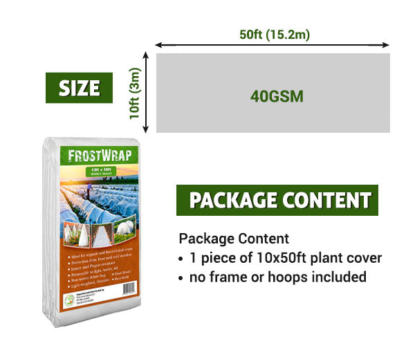 FrostWrap, Freeze and Crop Protection Plant Cover – 1.18 oz/yd2 (40 GSM) of Fabric Non-woven 10ft x 50ft Reusable Garden Floating Row Cover