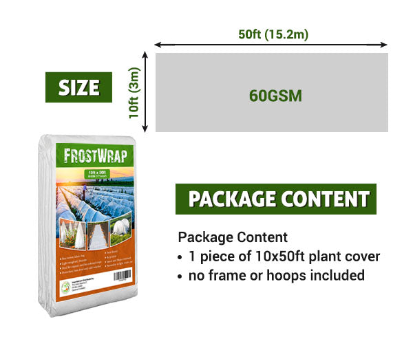 FrostWrap, Freeze and Crop Protection Plant Cover – 1.77 oz/yd2 (60 GSM) of Fabric Non-woven 10ft x 50ft Reusable Garden Floating Row Cover